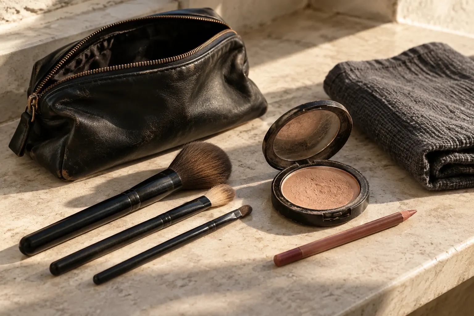 A personal makeup pouch with clean brushes, a compact and lip pencil prepared for a lesson