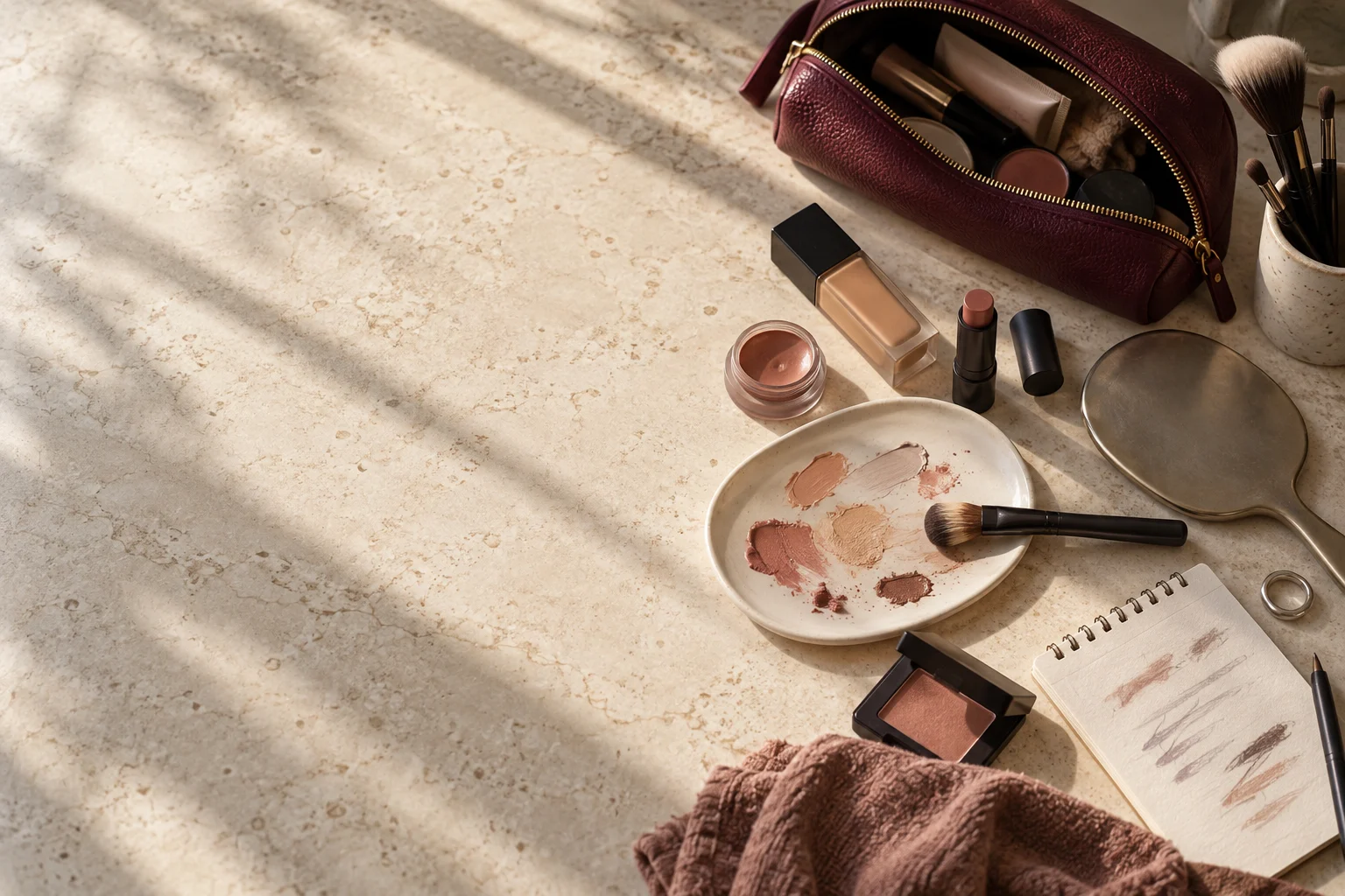An edited makeup kit, burgundy pouch, brushes, handheld mirror and lesson notes on a sunlit stone table