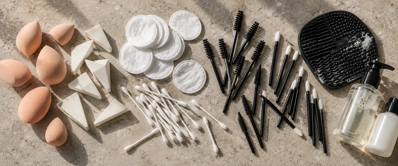 Makeup sponges, cotton rounds, swabs, disposable wands and brush-care supplies on a stone surface