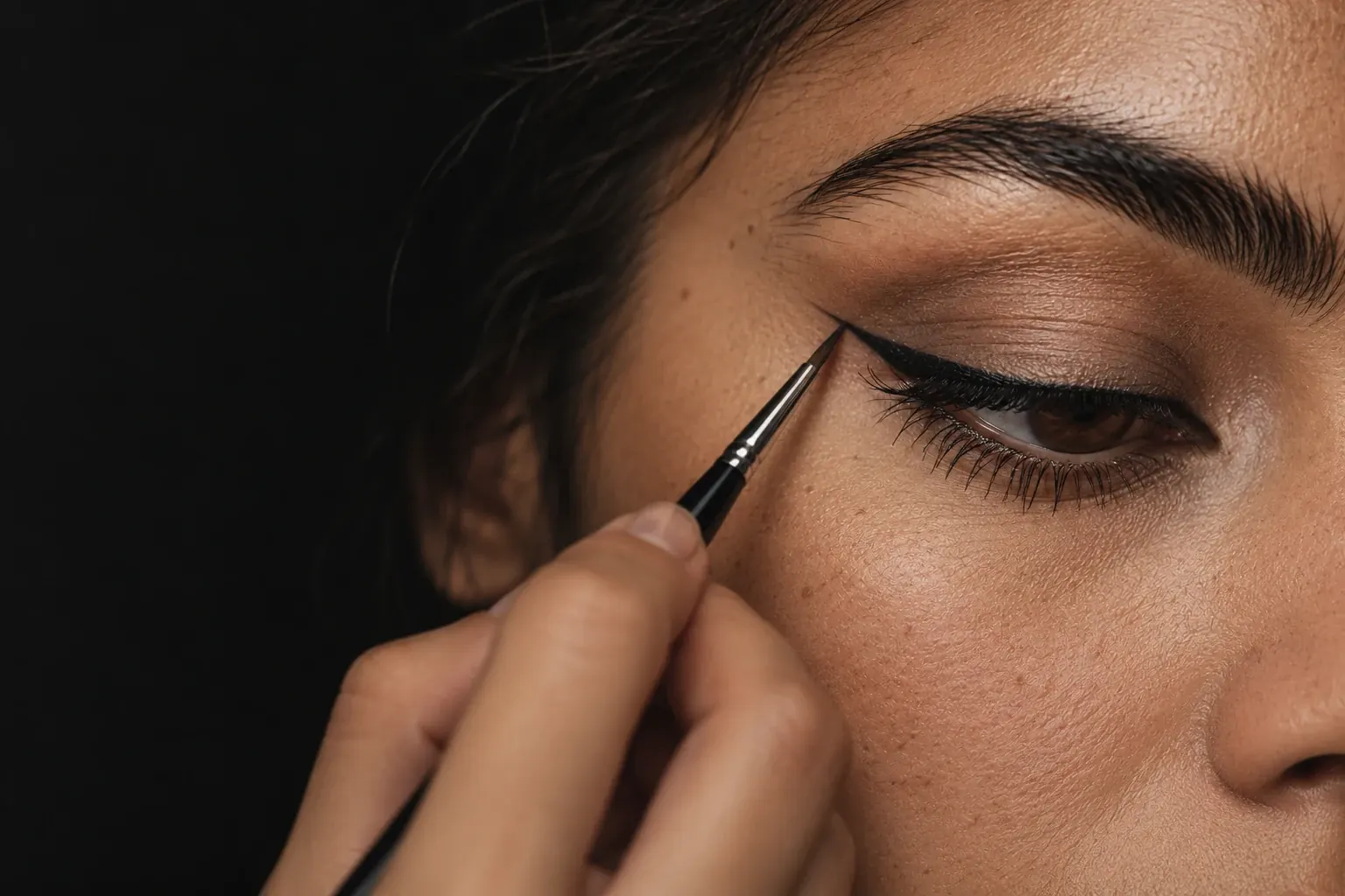 Close detail of a brush refining eyeliner beside a woman’s eye